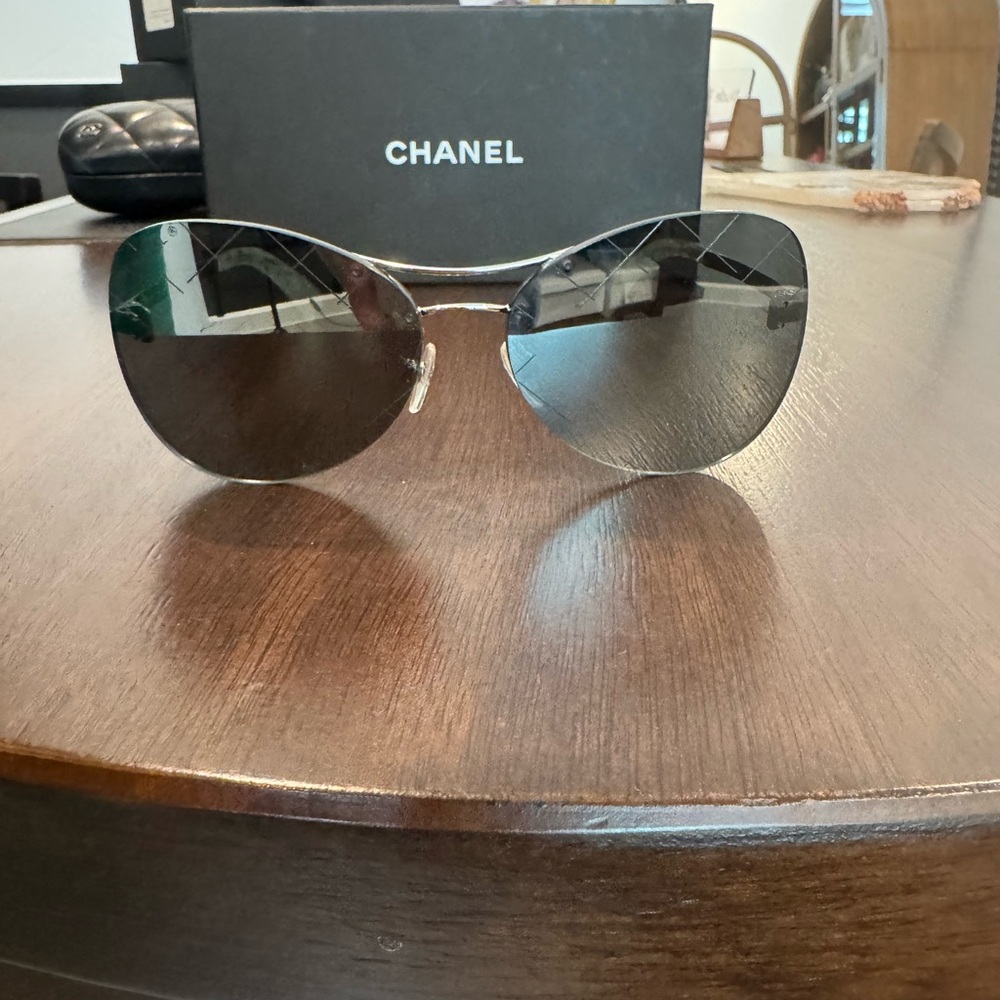 CHANEL Silver and Black Aviator Sunglasses